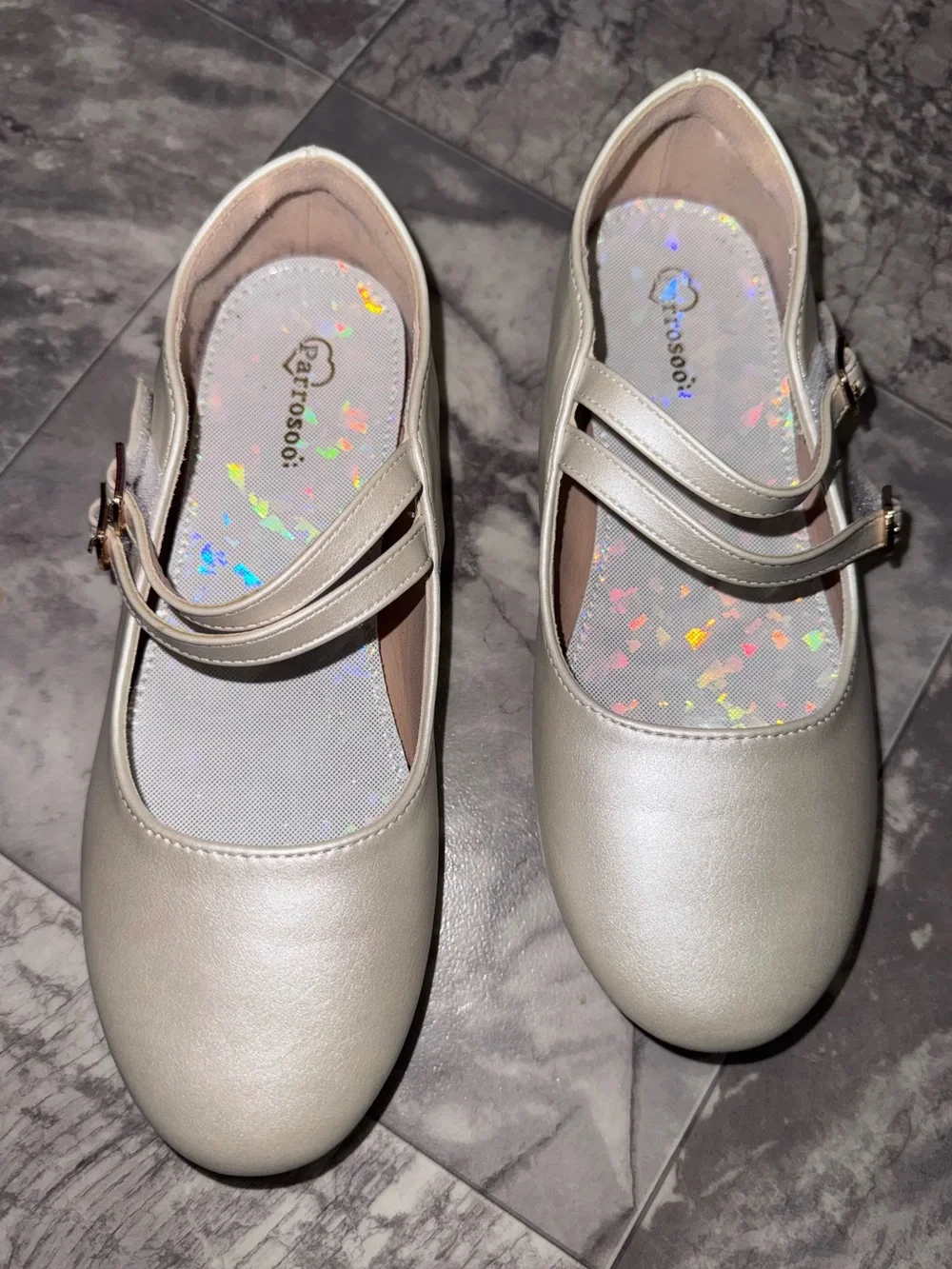 Parrosoo Girls Size 3 Champagne Metallic Double Strap Mary Jane Shoes